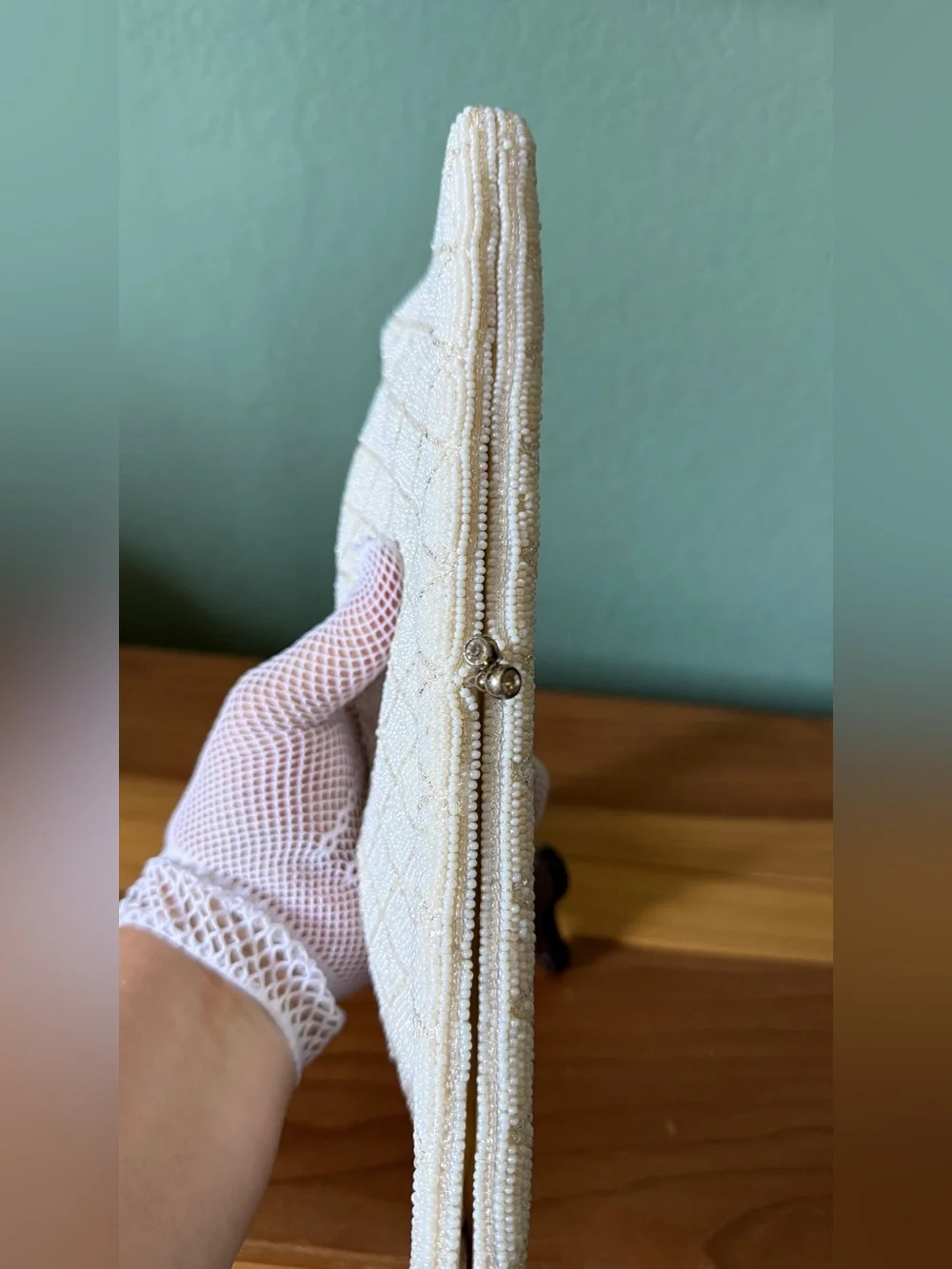 Vintage Richere White Beaded Clutch Hand Made Japan 10” Evening Bag